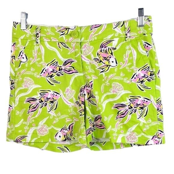 Crown & Ivy Womens Flat Front Shorts Green Size 2 Pink Fish Ocean Pockets Chino - Picture 1 of 6